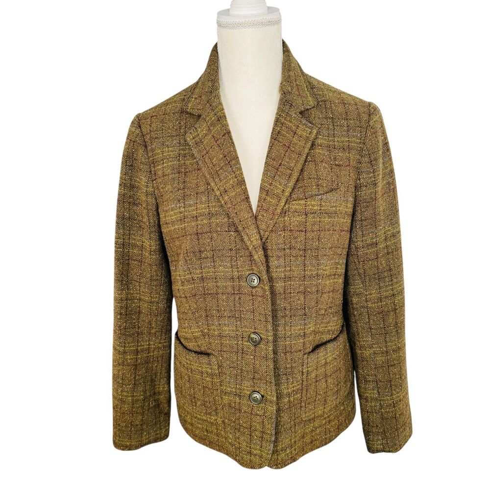 Vintage LL Bean Blazer Womens M-Reg Olive‎ Green Tweed Wool Silk Y2K Academia